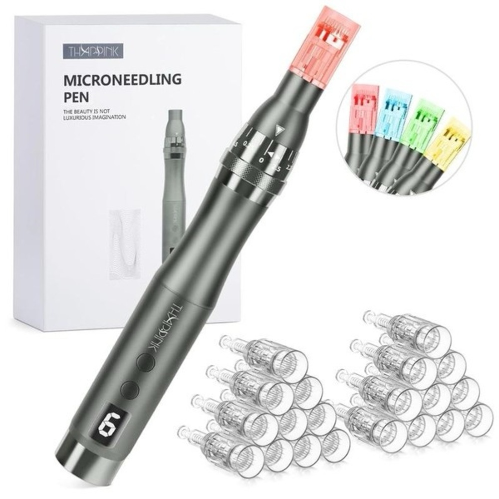 Thappink Microneedling Derma Pen with Replacement Cartridges and Therapy Light